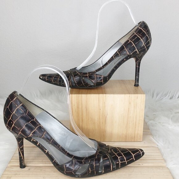 Charles David Brown Alligator Leather Print Size 8B Genuine Leather Pump Heels - Picture 1 of 6